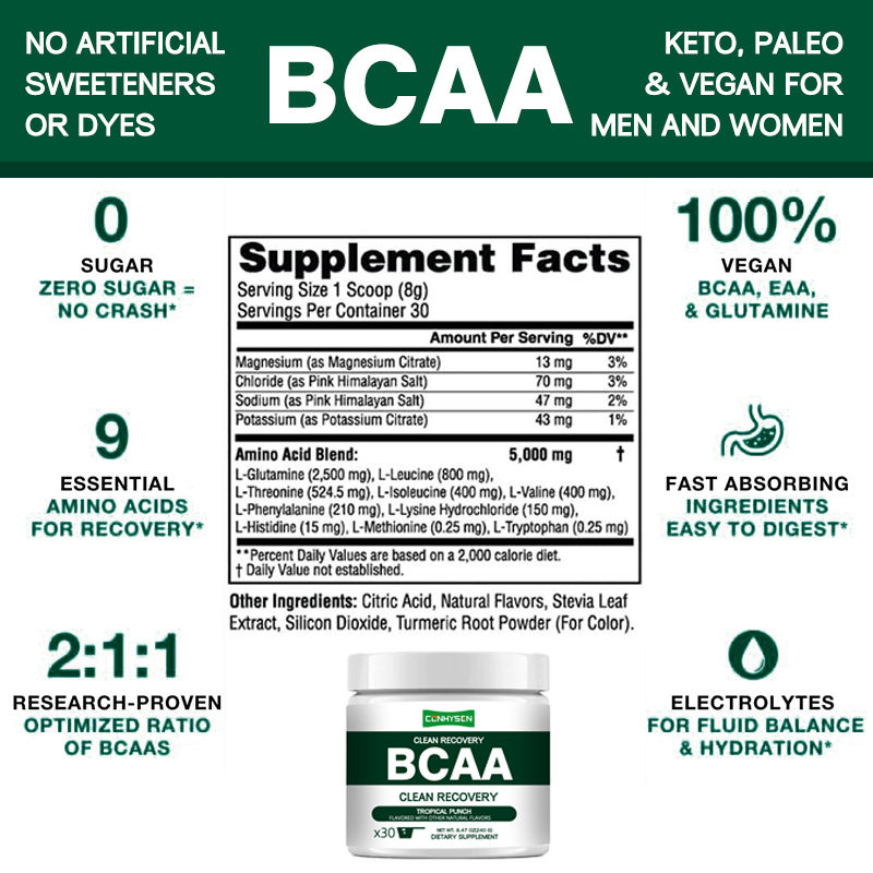 پودر BCAA ریکاوری تمیز با برچسب خصوصی، 9 اسید آمینه ضروری، کاهش درد و استرس