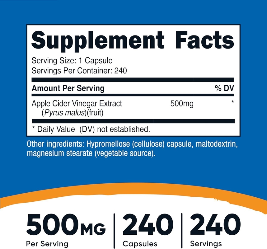 مکمل غذایی OEM سیب سرکه سیب 500mg 240 کپسول گیاهخوار طبیعی گیاهخوار GMP غیر GMO بدون گلوتن