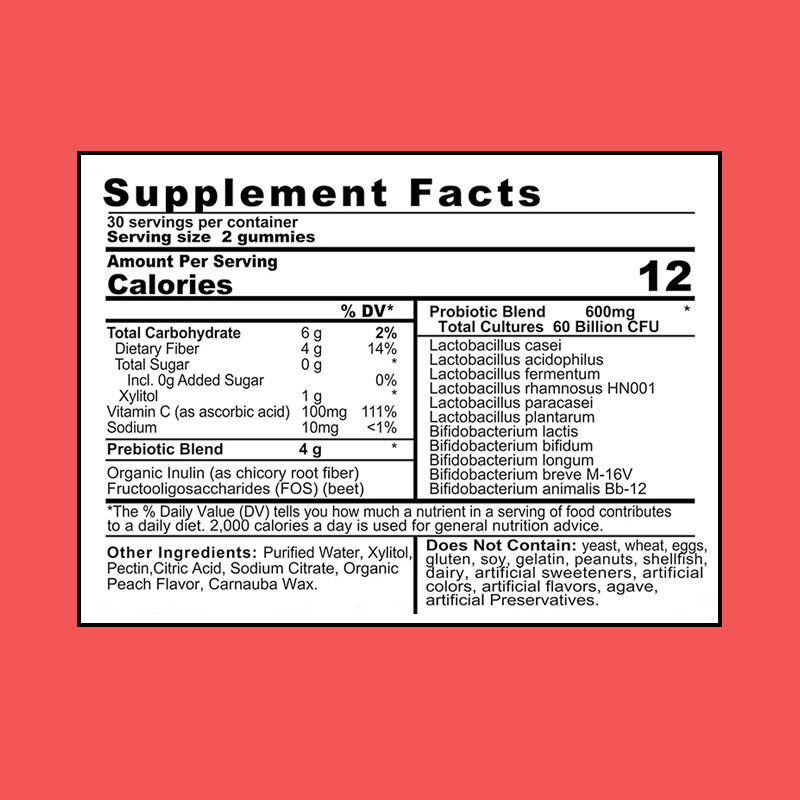 OEM/ODM 4g پری بیوتیک پروبیوتیک آدامس 60 میلیارد CFU تقویت کننده ایمنی تقویت کننده سلامت روده با خواص آنتی اکسیدان بزرگسالان